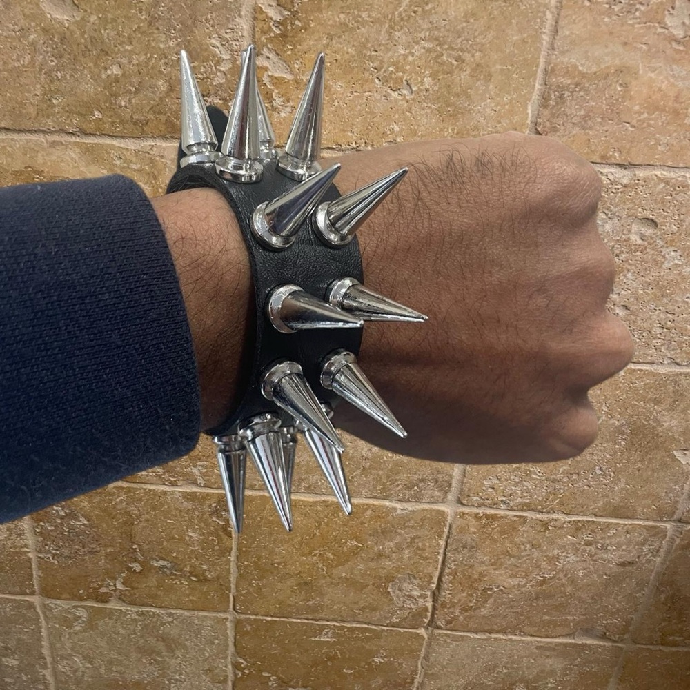 Extra Spiked Black and silver Pu leather punk goth bracelet emo  brand new